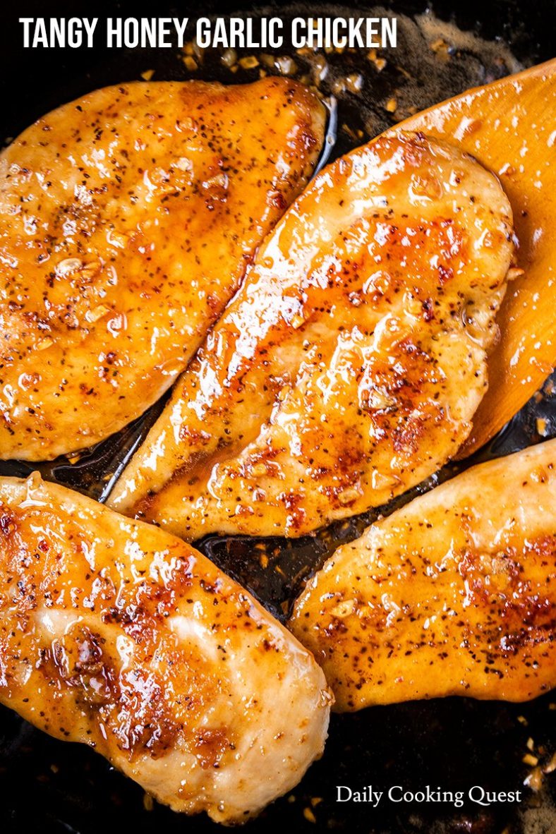 Ingredients for tangy honey garlic chicken: chicken breasts, salt, pepper, all-purpose flour, olive oil, unsalted butter, garlic, honey, soy sauce, and rice vinegar.