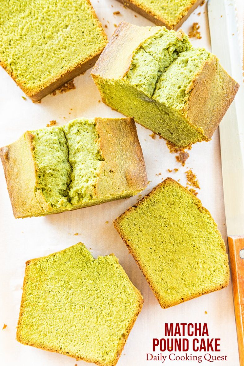 Ingredients to bake a matcha pound cake: all-purpose flour, butter, sugar, eggs, salt, and matcha (Japanese green tea powder).