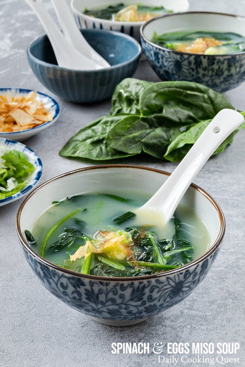 Spinach and egg miso soup, with scallions and katsuobushi (bonito flakes).