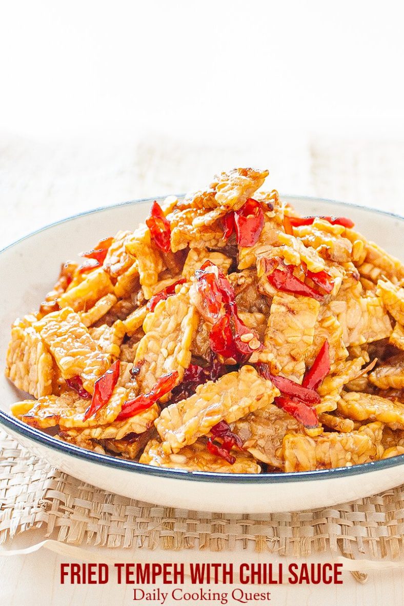 Indonesian fried tempeh with chili sauce.
