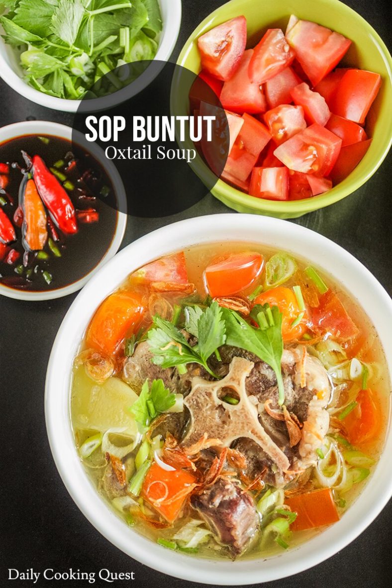 Ingredients to prepare Indonesian sop buntut (oxtail soup): oxtail, carrot, potatoes, shallots, garlic, ginger, onion, nutmeg, cloves, cinnamon, salt, sugar, and white pepper.