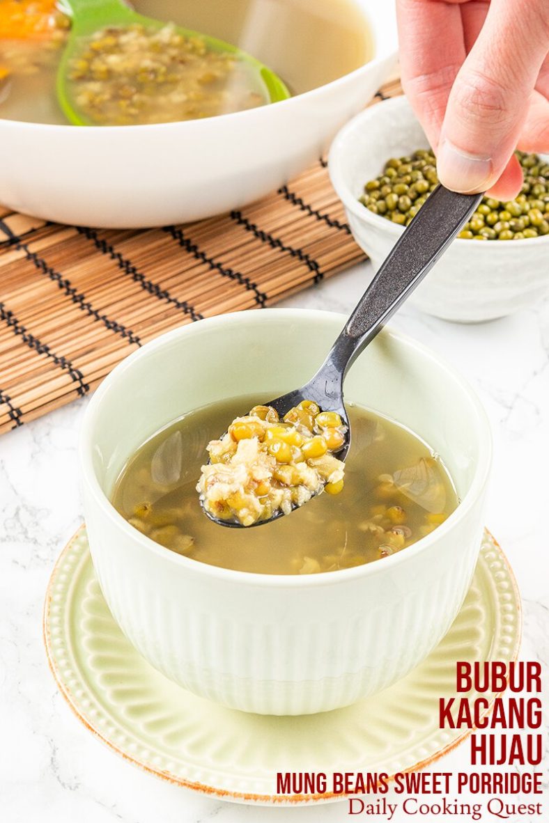 Ingredients to prepare bubur kacang hijau (mung beans sweet porridge): dried mung beans, dried tangerine peel, and sugar.