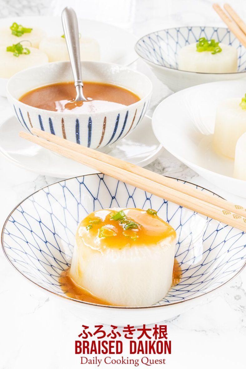 Ingredients to prepare Japanese braised daikon with miso sauce.