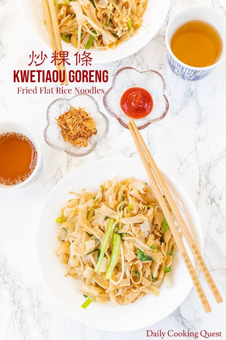 Ingredients to prepare kwetiau goreng (fried flat rice noodles): flat rice noodles, yu choy sum, chives, scallions, mung bean sprouts, garlic, and soy sauce.