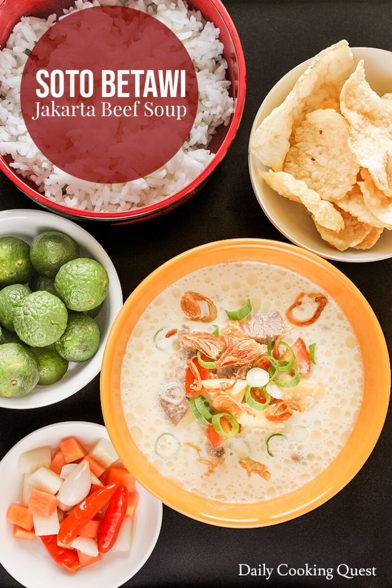 Ingredients to prepare Indonesian soto betawi (Jakarta beef soup): beef stew cuts, honeycomb tripe, shalots, garlic, ginger, galangal, candlenuts, lemongrass, kaffir lime leaves, and coconut milk.